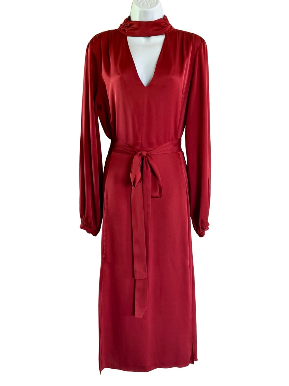 Intermix Victoria Silk Midi Dress Red Mock Neck Long Sleeve Size 10